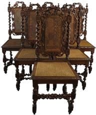 Antique Dining Chairs Hunting Renaissance Set 6 Carved Oak Grapes Rattan 1880