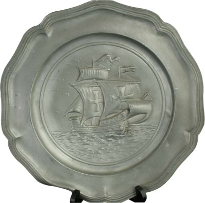 Plate Sailing Boat Pewter Vintage 1950 French Decorative