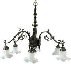 Large, Heavy Vintage French Gothic Chandelier, 6 Arms, Frosted Glass/Spikes/Ring