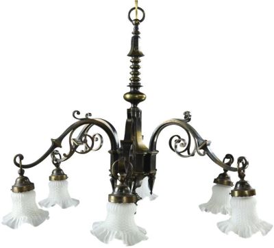Large, Heavy Vintage French Gothic Chandelier, 6 Arms, Frosted Glass/Spikes/Ring
