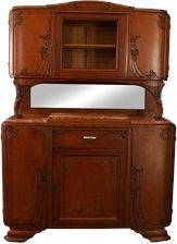 1920 Buffet Art Deco / MidCentury Modern Oak Roses, Mirror, Red Marble