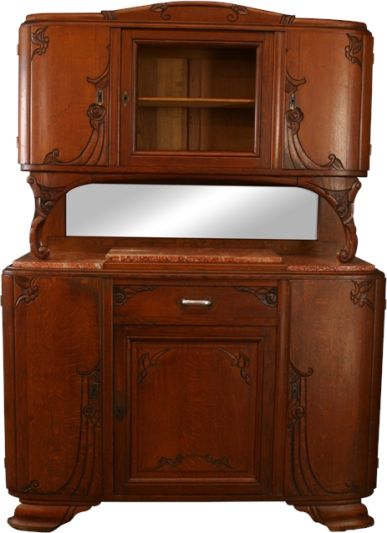 1920 Buffet Art Deco / MidCentury Modern Oak Roses, Mirror, Red Marble
