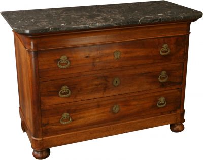 1800 Antique Chest of Drawers Directoire Style Walnut, 3Drawer, Marble Top
