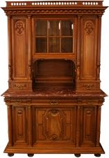 1900 French Renaissance Buffet, Elegant Carved Walnut, Marble, Glass Pane Door