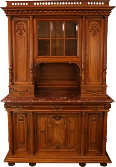 1900 French Renaissance Buffet, Elegant Carved Walnut, Marble, Glass Pane Door