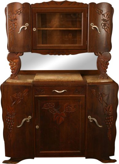 1920 Art Deco Buffet French Carved Grapes, Oak and Marble, MidCentury Mod