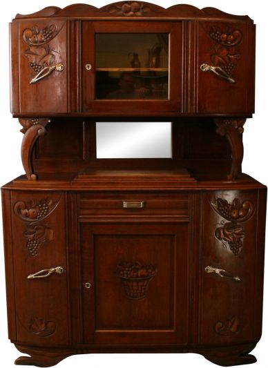1920 Art Deco Buffet French Carved Oak Grapes Fruit, MidCentury Modern