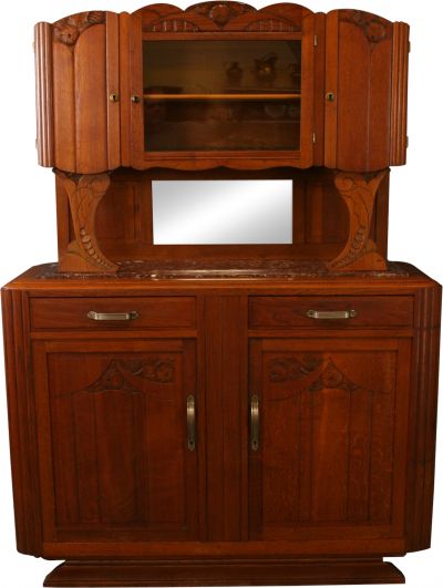 1920 Buffet Art Deco/MidCentury Modern Carved Oak, Mirror, Glass Door