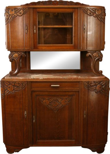 1920 Buffet French Art Deco, Carved Fruit Oak, Glass, Mirror, MidCentury Modern