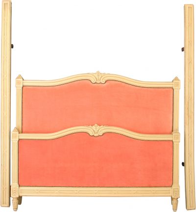 1920 French Bed Full-Sized Louis XVI, Cream Wood, Pink Silk Velvet Upholstery