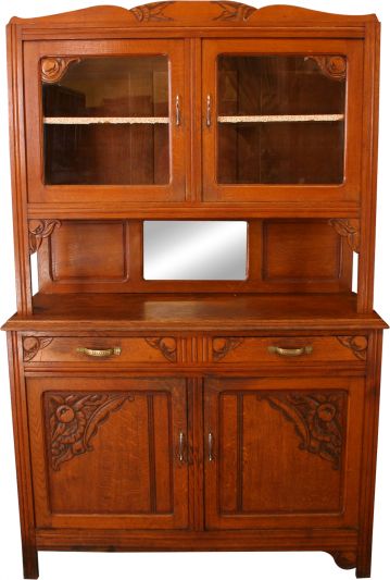 1920 French Buffet Art Deco / MidCentury Modern Oak, Glass Doors, Mirror