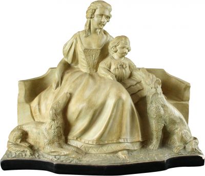 1930 Mother Child Dogs Statue, Art Deco/Mid-Century Modern Vintage Chalkware