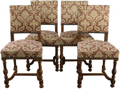 1930 Vintage French Country Dining Chairs Set 4, Walnut Red/White/Cream Upholstery
