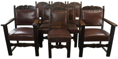 Dining Chairs Thrones Renaissance French 1930 Set 8 Brown Upholstery Oak Wood