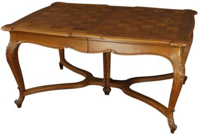 Table Louis XV Rococo French Vintage 1930 Oak Wood Parquet Top Cabriole Legs