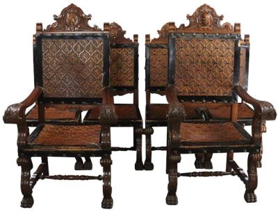 Dining Chairs Renaissance Castle Lions Set 6 Carved Mahogany Wood Leather