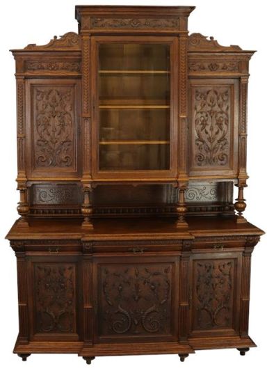 Buffet Renaissance Antique French Cornucopia Flourishes Carved Oak Glass Door