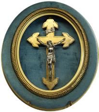 Antique Framed Crucifix Cross Religious Blue Gold Velvet Wood Polished Ni