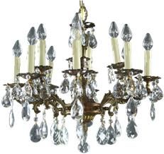 Vintage Chandelier Rococo 8-Arm 12-Light Glass Pendants Antique Brass Metal