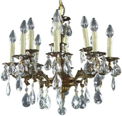 Vintage Chandelier Rococo 8-Arm 12-Light Glass Pendants Antique Brass Metal