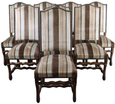 Dining Chairs Set 8 Vintage French Sheepbone Oak Brown,Beige Stripe Upholstery