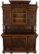 Buffet Renaissance Antique French Walnut Wood Carved Courtier Head Glass Door