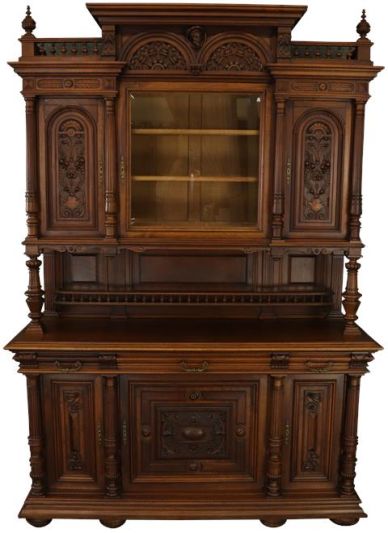 Buffet Renaissance Antique French Walnut Wood Carved Courtier Head Glass Door