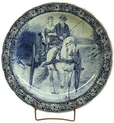 Vintage Plate Boch Blue Delft Carriage Large White Ceramic