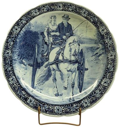 Vintage Plate Boch Blue Delft Carriage Large White Ceramic