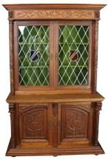 Bookcase Mechelen Renaissance Oak Vintage 1930 Stained Glass Shields 4-Door