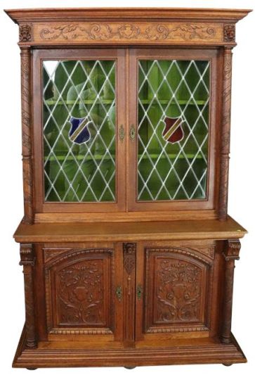 Bookcase Mechelen Renaissance Oak Vintage 1930 Stained Glass Shields 4-Door