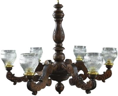 Vintage Chandelier 6-Arm Glass Shade Oak