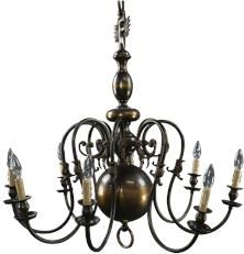 Vintage Chandelier Flemish Large 8-Arms 8-Light Antique Brass Metal Orb 1930