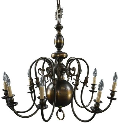 Vintage Chandelier Flemish Large 8-Arms 8-Light Antique Brass Metal Orb 1930