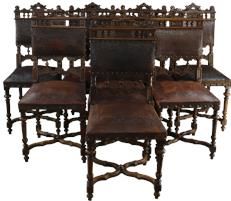 Antique Dining Chairs Henry II Renaissance Set 8 Walnut Wood Embossed