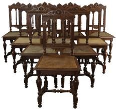 Dining Chairs French Renaissance Set 10 Carved Oak Wood Cane Rattan 1920 