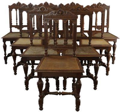Dining Chairs French Renaissance Set 10 Carved Oak Wood Cane Rattan 1920