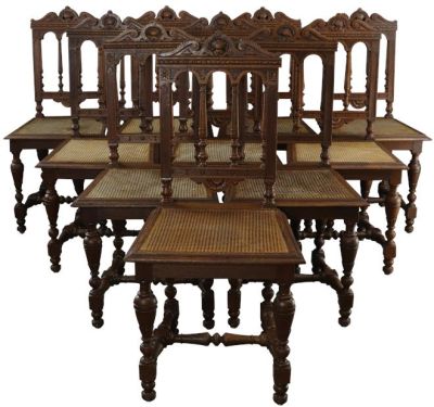 1920 French Style,Set of 10 Renaissance Oak Dining Chairs