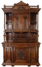 Cabinet Antique French 1900 Merry Faces Carved Walnut Wood Heart Gallery