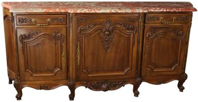 Sideboard Louis XV French Rococo 1920 Carved Walnut Shell, Red Pink Marble Top