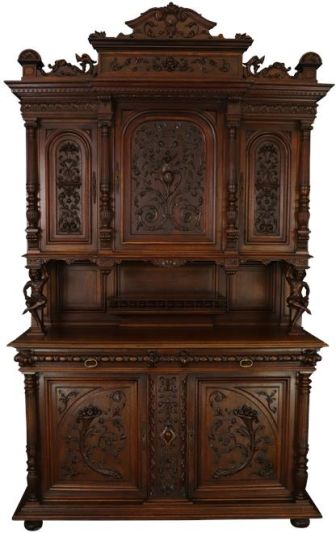 Buffet Henry II Antique French Renaissance 1900 Walnut Wood Carved Jesters