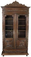 Bookcase Brittany Antique French 1880 Carved Country People Figures Glass 2-Door