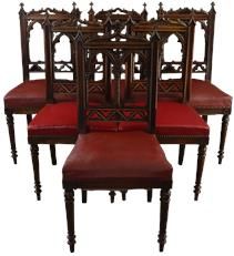 Antique Dining Chairs French Gothic Set 6 Walnut Wood Red Upholstery