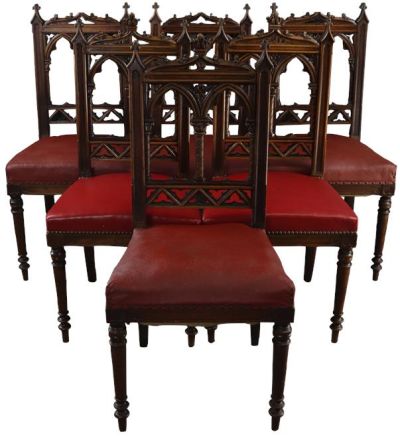 Antique Dining Chairs French Gothic Set 6 Walnut Wood Red Upholstery