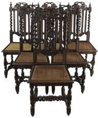 Antique Dining Chairs French Hunting Renaissance Set 6 Oak Wood Rattan Cane