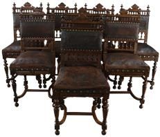 Antique Dining Chairs Henry II Set 8 Renaissance Embossed Leather Walnut