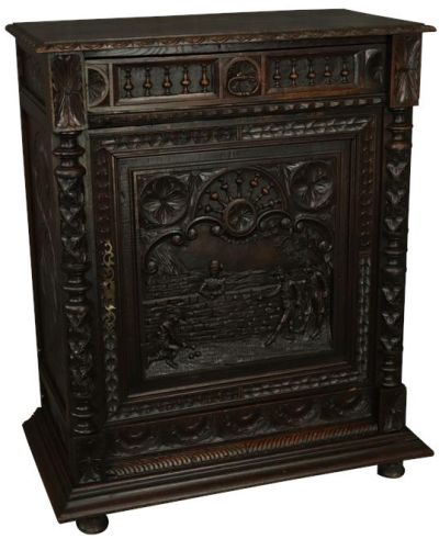 Nightstand Antique Brittany 1890 Carved Chestnut French Boules Game Players