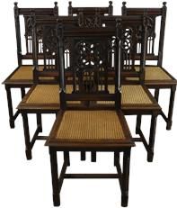 Antique Dining Chairs Gothic French 1890 Set 6 Carved Oak Cane Rattan