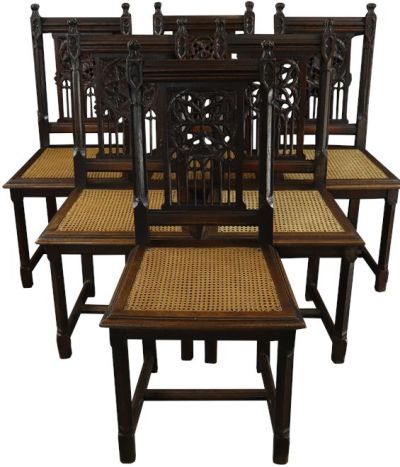 Antique Dining Chairs Gothic French 1890 Set 6 Carved Oak Cane Rattan