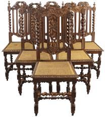 Dining Chairs Antique French Hunting Renaissance Set 6 Oak Cane Barley Twists